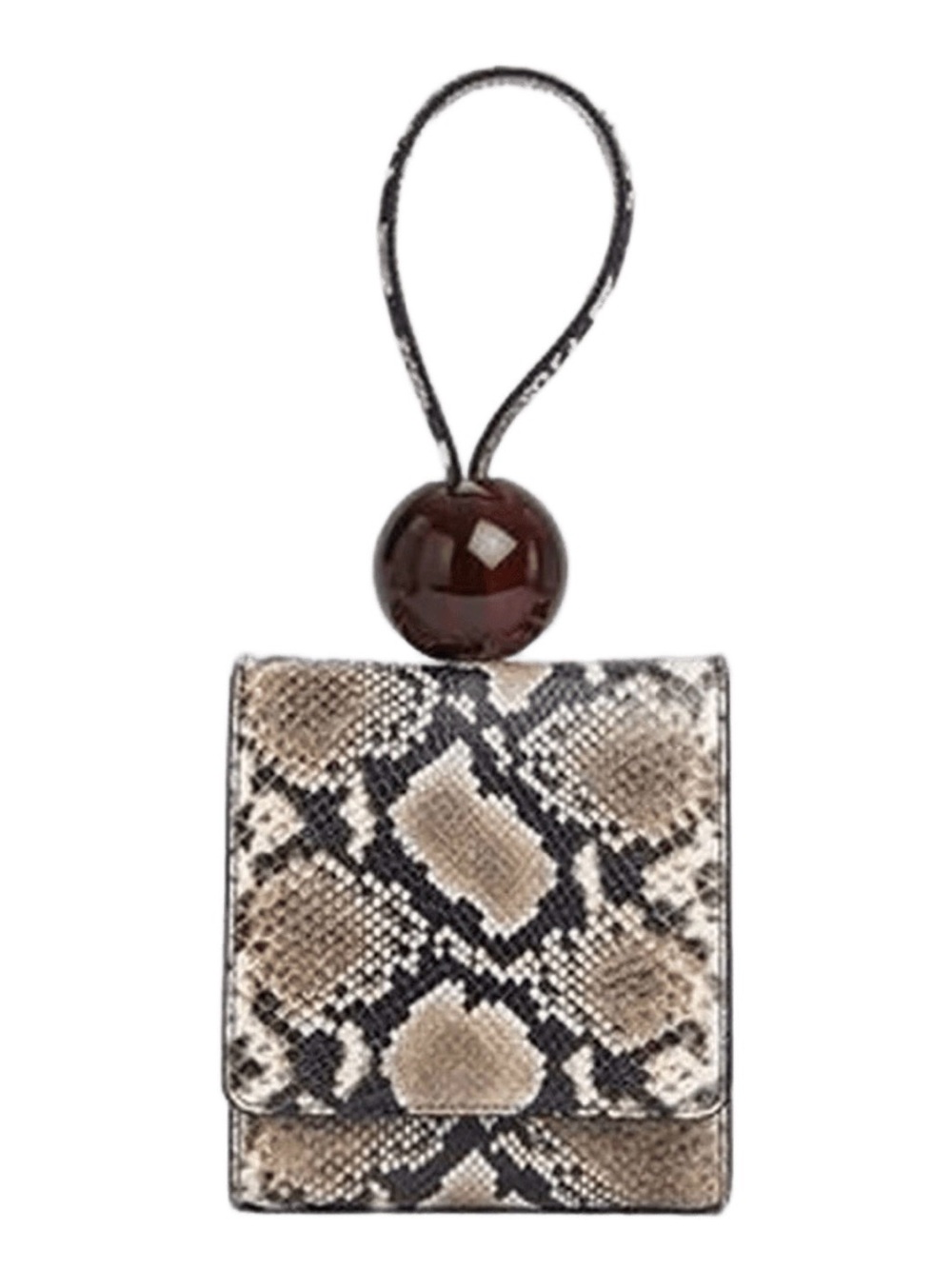 By Far Ball Bag - Snakeskin Print Wristlet Bag with Brown Acrylic Ball